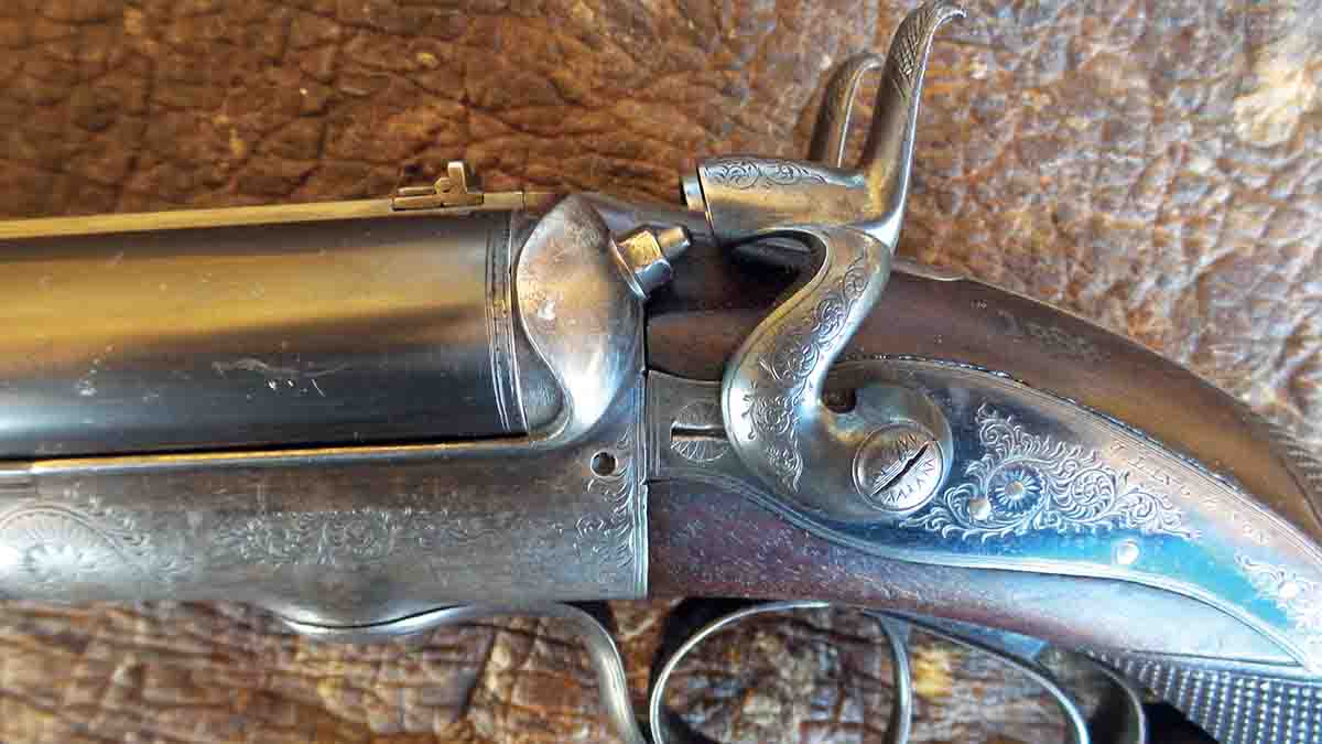 Engraved locks of the howdah pistol.